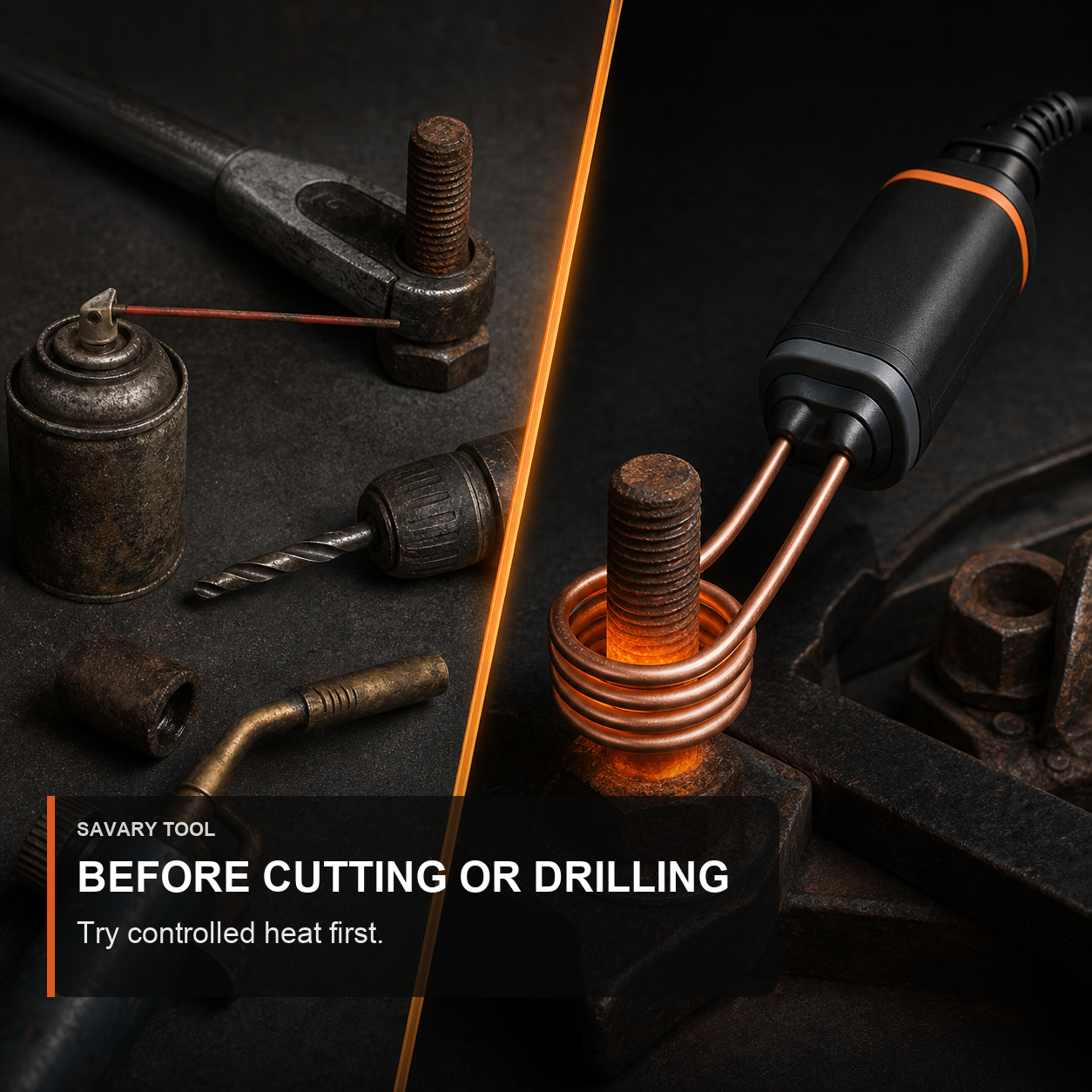Try controlled heat before cutting or drilling stuck hardware.