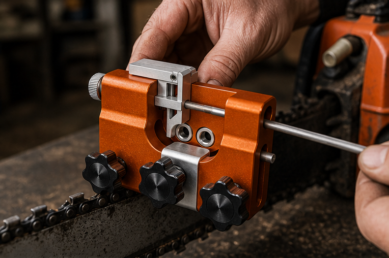 Savary chainsaw sharpener mounted on a chainsaw bar with the guide rod aligned to the chain