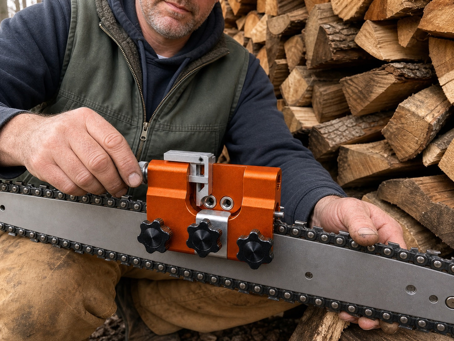 Customer using Savary chainsaw sharpener near stacked firewood