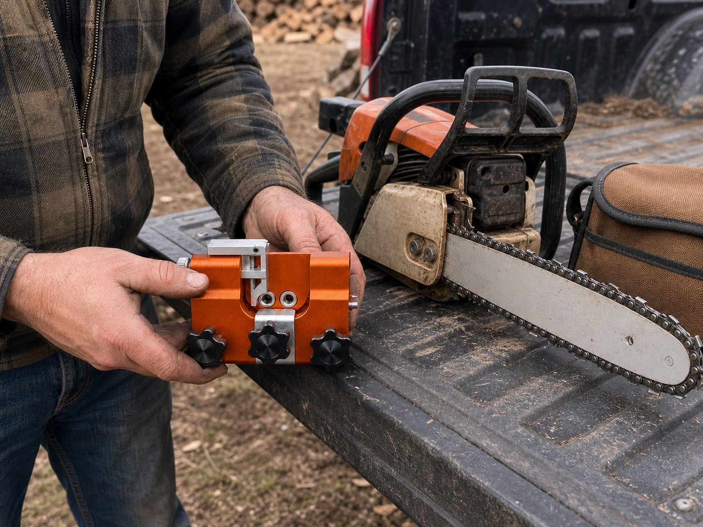 Customer holding Savary chainsaw sharpener on a truck tailgate