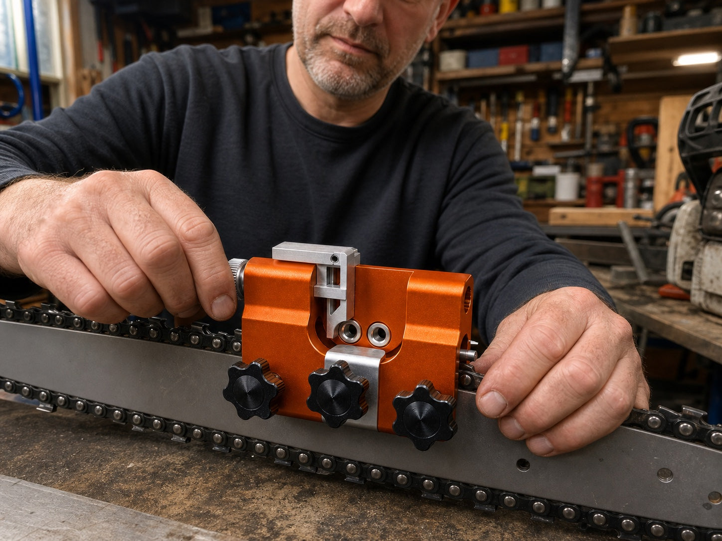 Workshop customer using Savary chainsaw sharpener