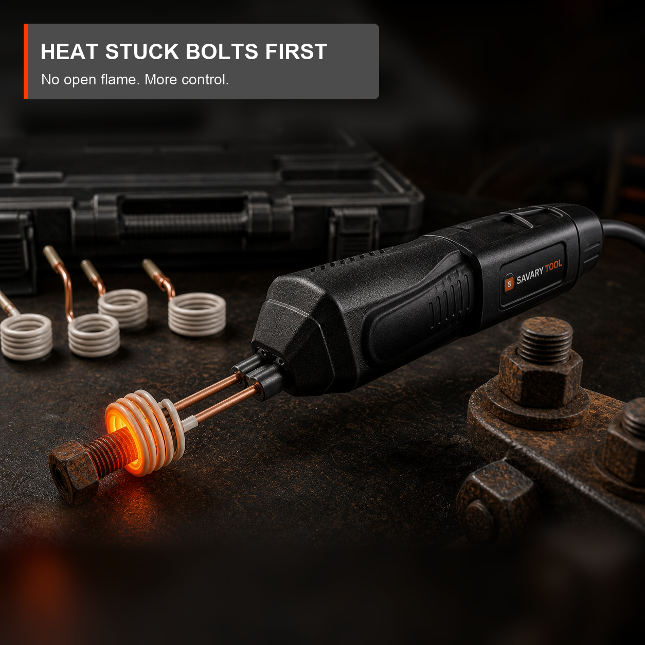 Savary branded flameless bolt heater heating a stuck steel bolt without open flame.