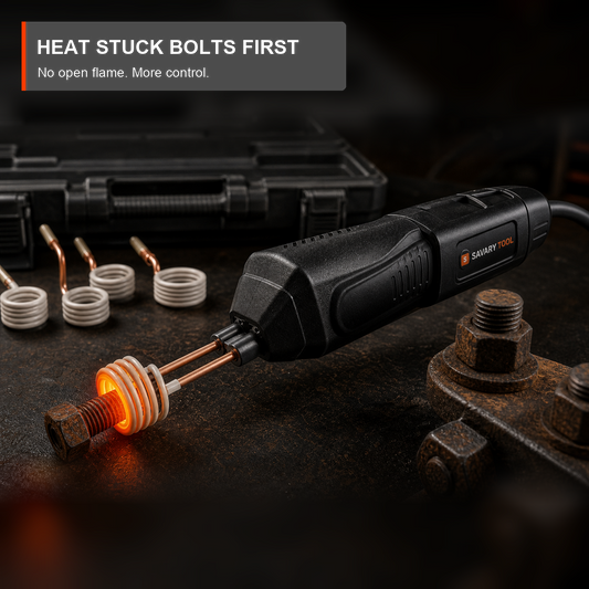 Savary branded flameless bolt heater heating a stuck steel bolt without open flame.