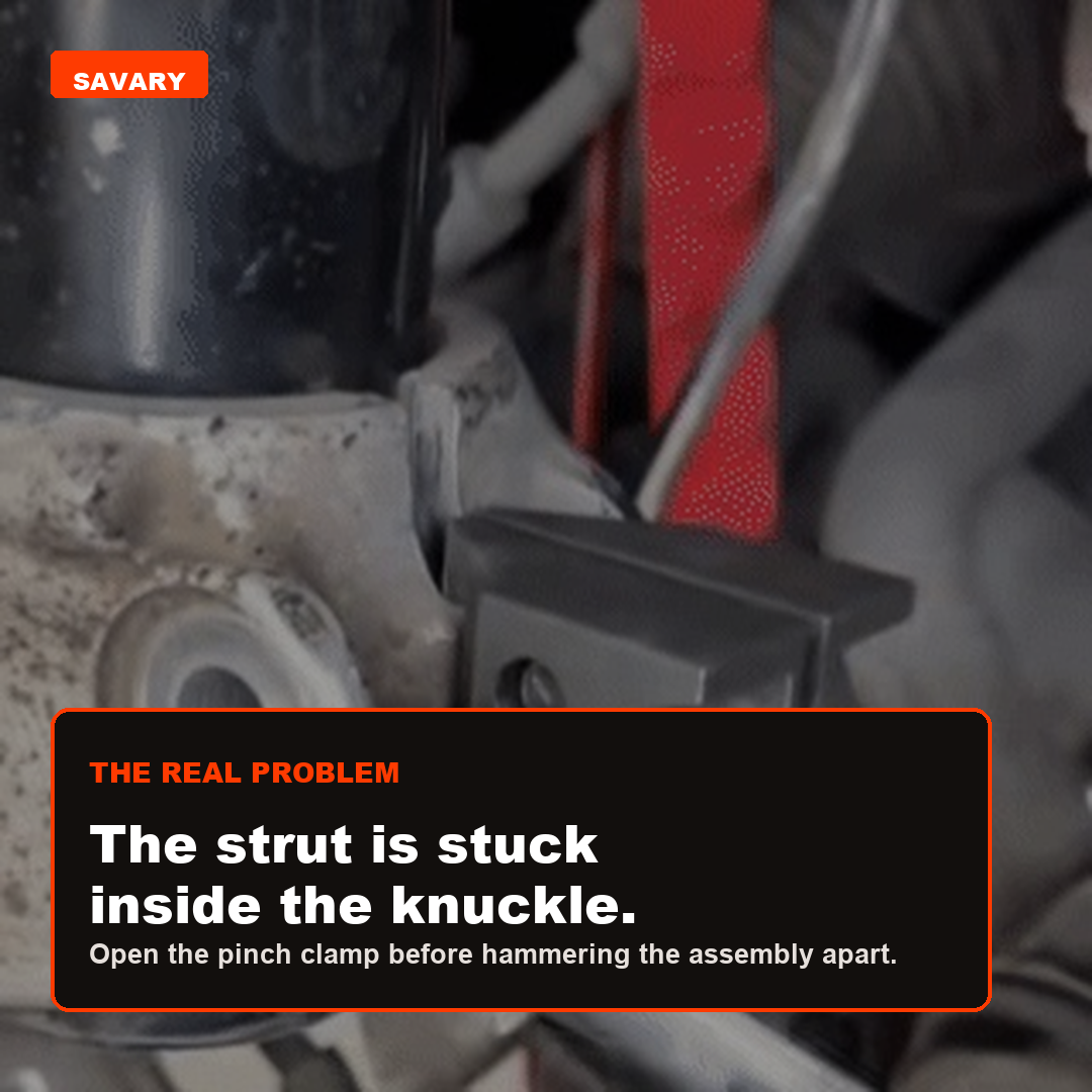 Real stuck strut inside knuckle use case for suspension spreader.