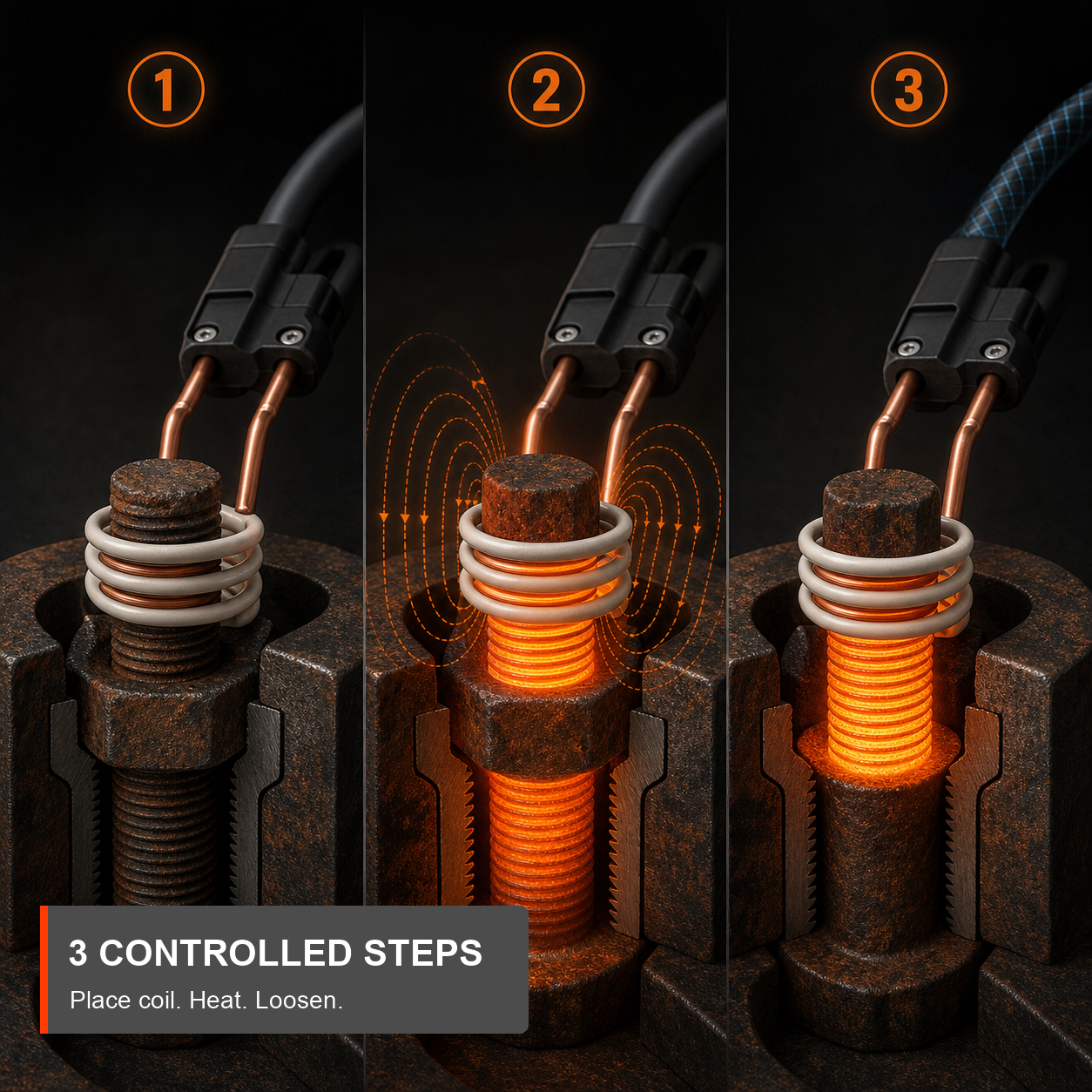 Three controlled steps for heating and loosening stuck steel hardware.
