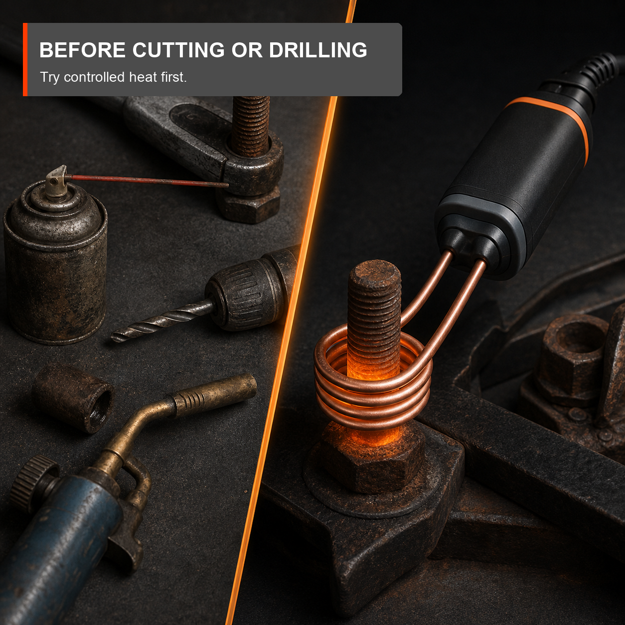 Try controlled induction heat before cutting or drilling stuck hardware.