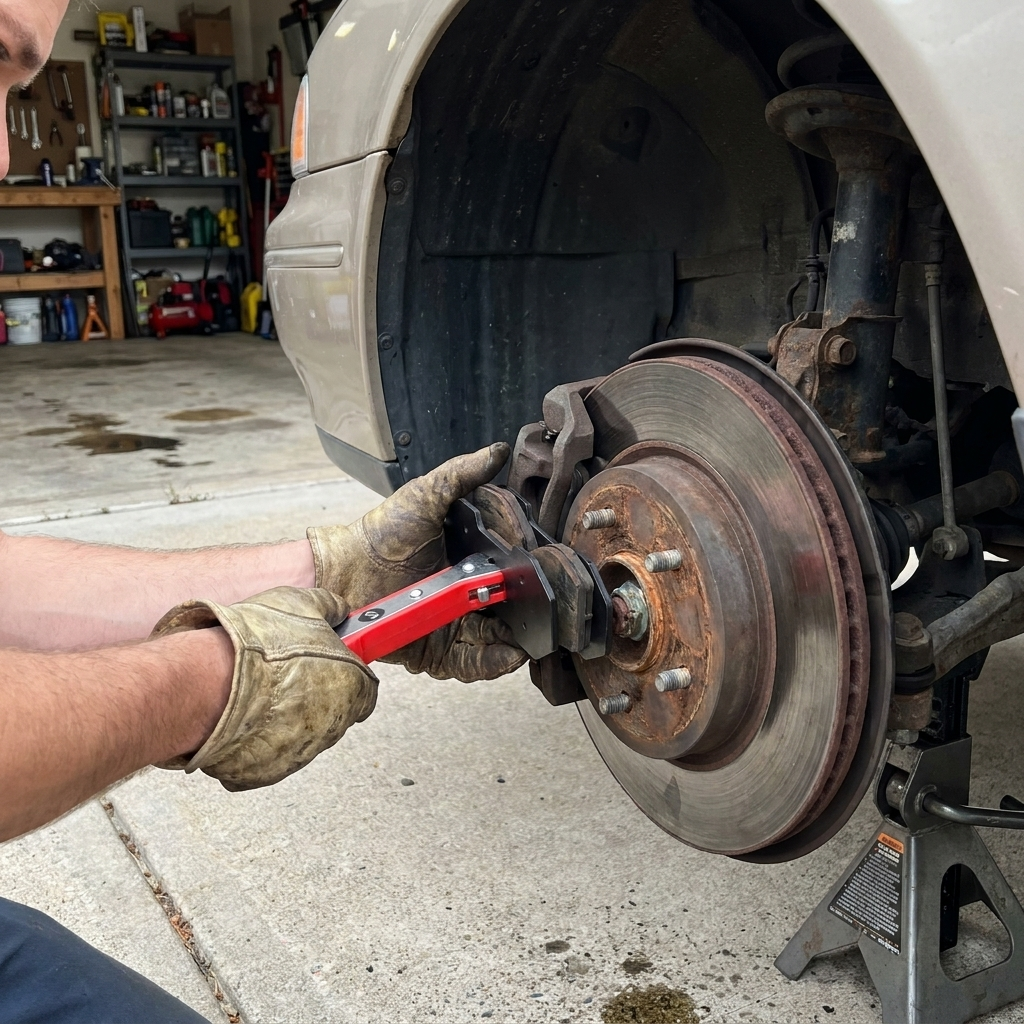Pressing brake caliper pistons back with the Savary press on a car