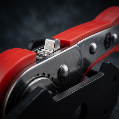 Close-up of the steel ratcheting mechanism