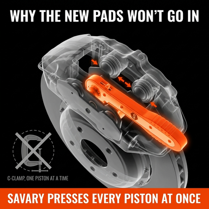 Why the new pads will not go in. Savary presses every piston at once.