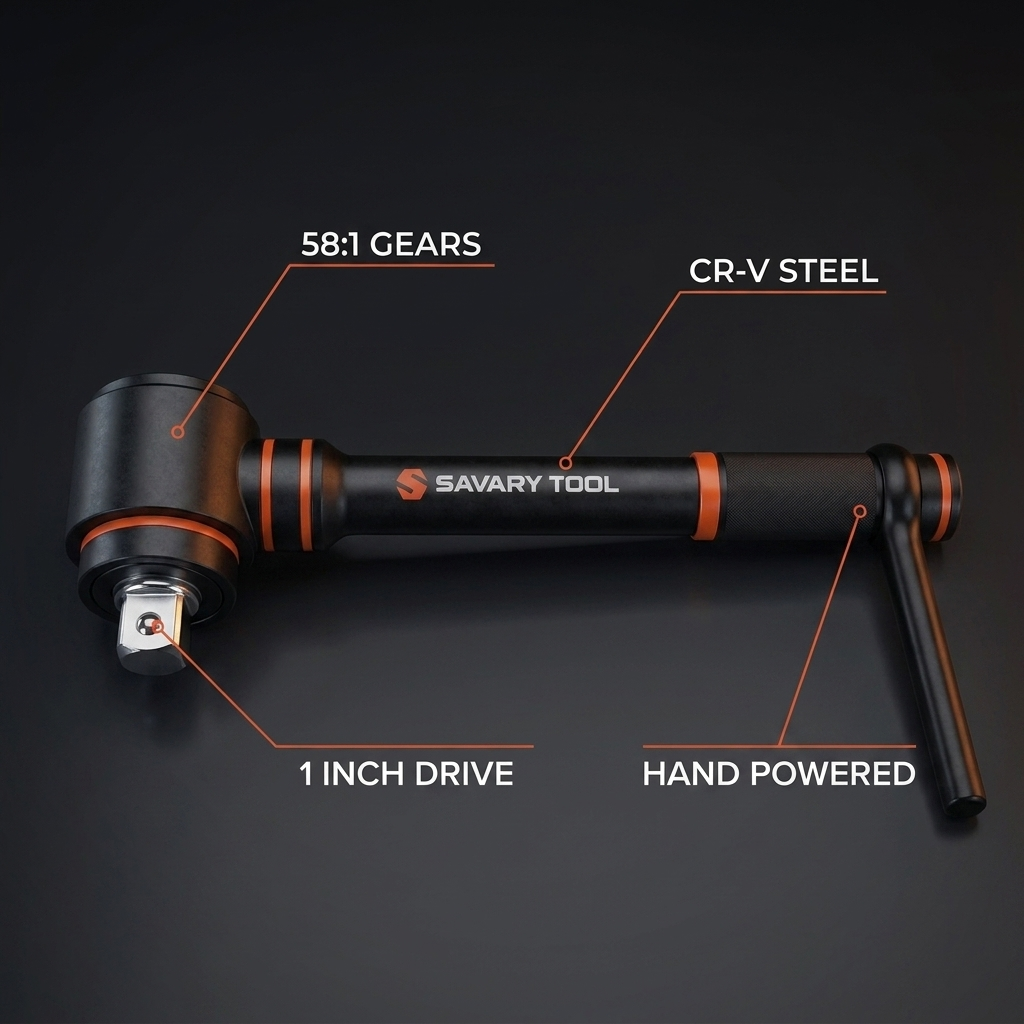 Savary Torque Multiplier features: 58:1 gears, CR-V steel, 1 inch drive, hand powered