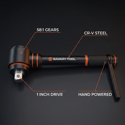 Savary Torque Multiplier features: 58:1 gears, CR-V steel, 1 inch drive, hand powered