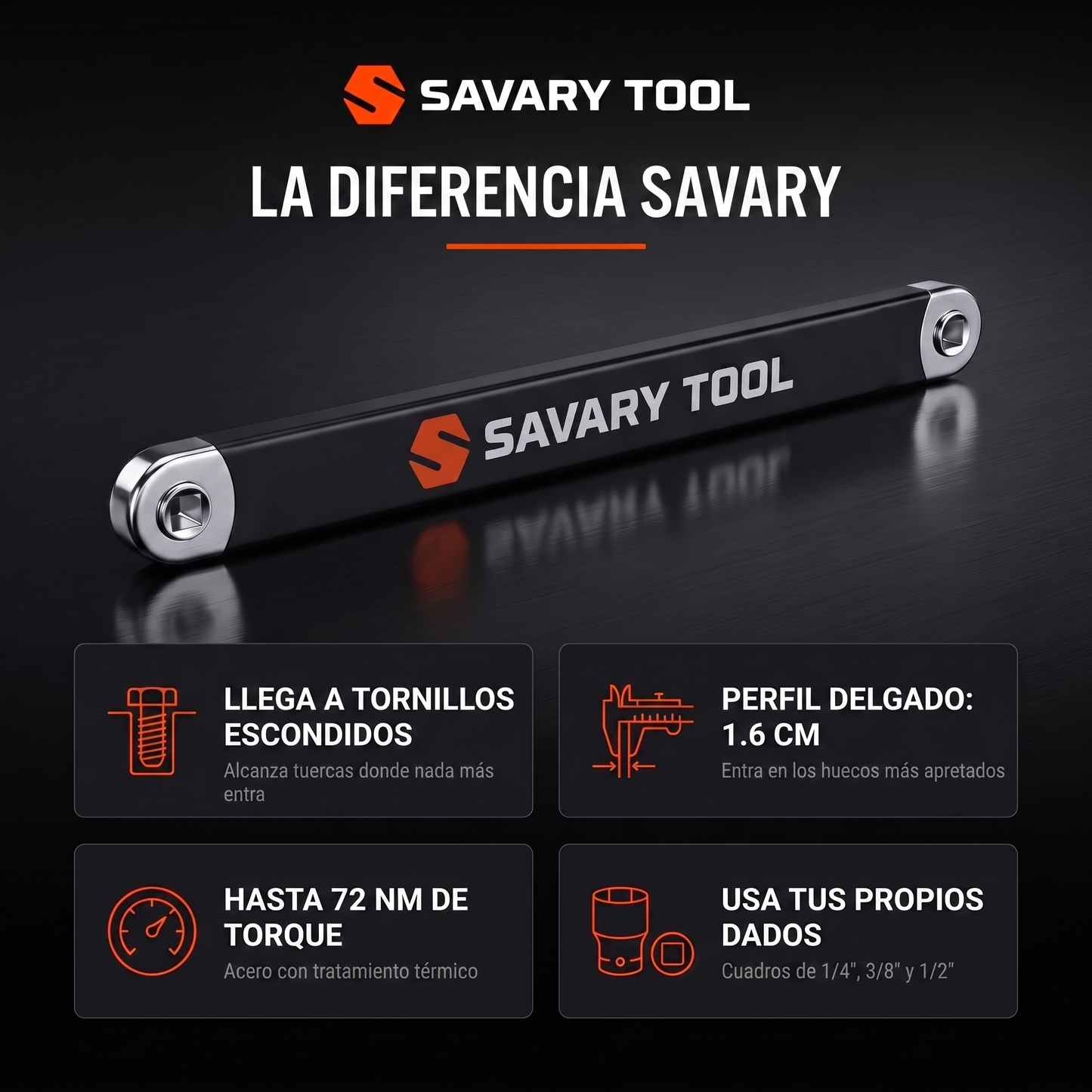 La diferencia Savary - llega a tornillos escondidos, perfil delgado 1.6 cm, hasta 72 Nm, usa tus propios dados