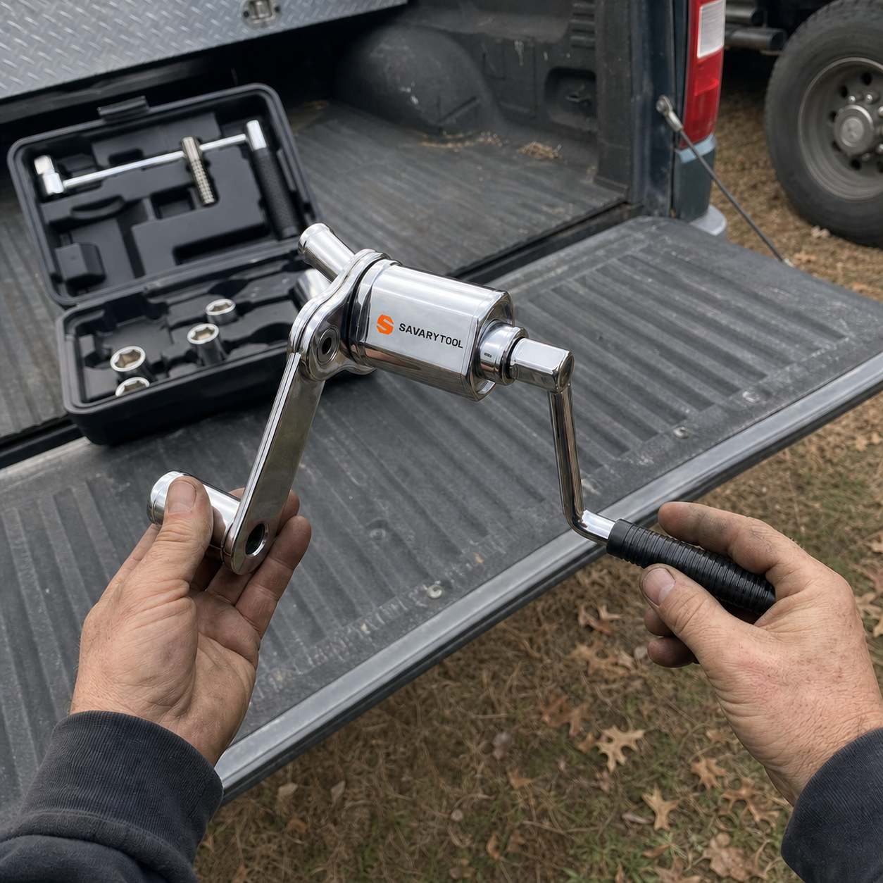 TORQUE_REVIEW_ORANGE_V2 | Customer holding SavaryTool by a pickup tailgate