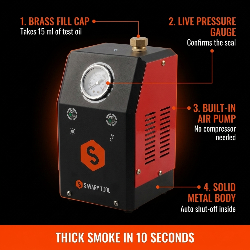 Savary Smoke Leak Detector features: brass fill cap, pressure gauge, built-in air pump, solid metal body
