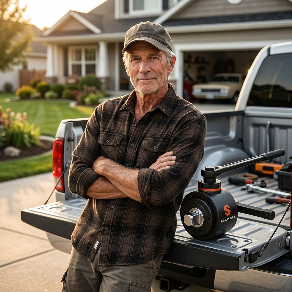 Savary Torque Multiplier owner with his pickup at golden hour