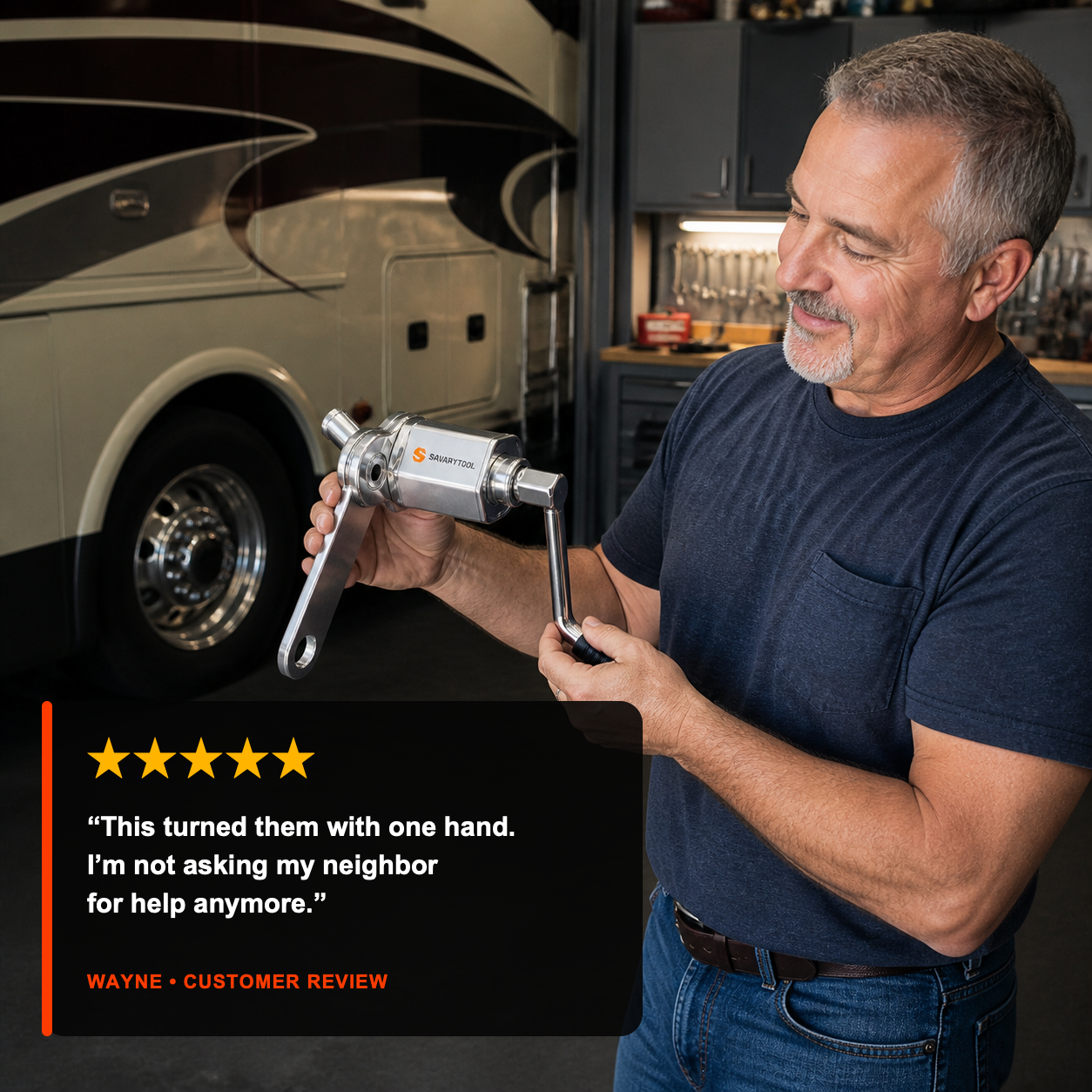 Five-star customer review card showing the metallic SavaryTool torque multiplier