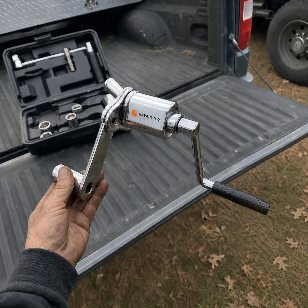 Customer holding the exact metallic SavaryTool torque multiplier with one hand