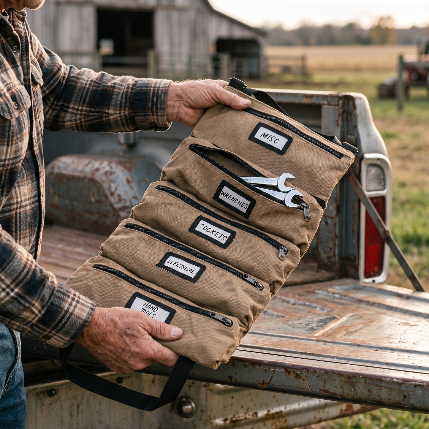 Tool roll held open on a farm truck tailgate, wrenches inside the open zipper