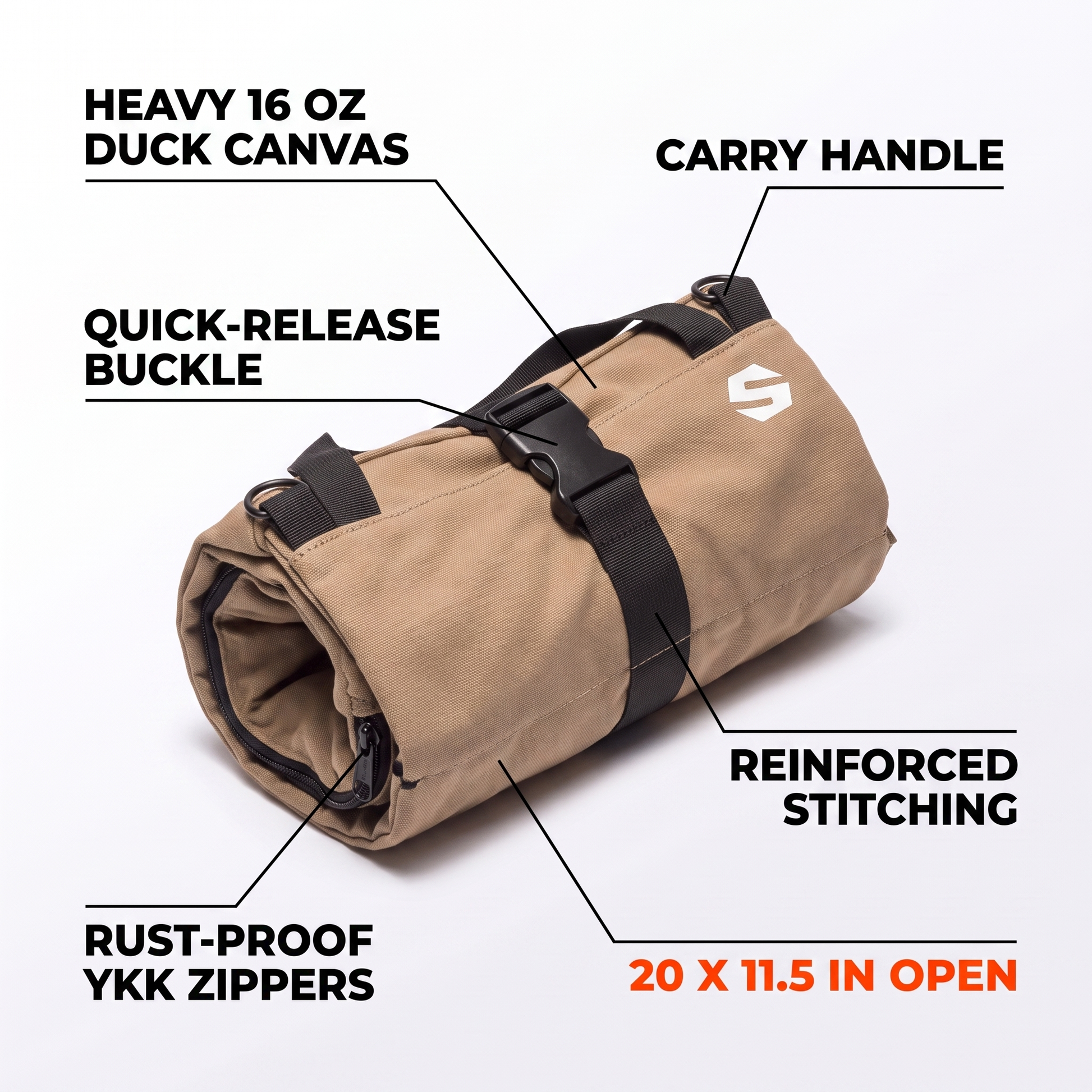 Tool roll features: 16 oz duck canvas, YKK zippers, buckle