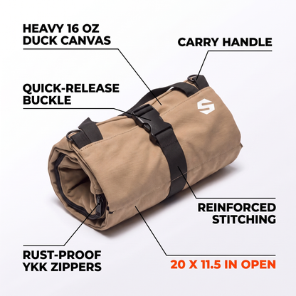 Tool roll features: 16 oz duck canvas, YKK zippers, buckle