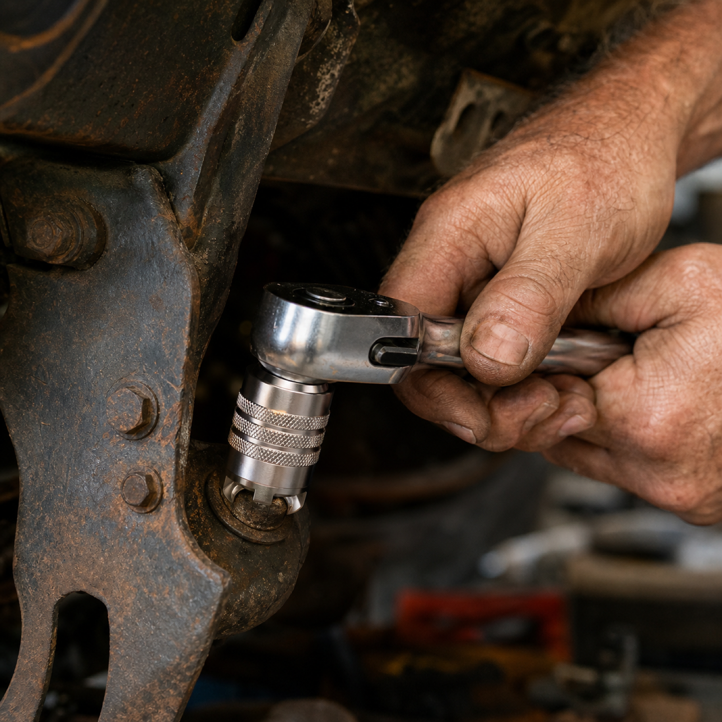 Universal socket on a rusty rounded bolt with a ratchet