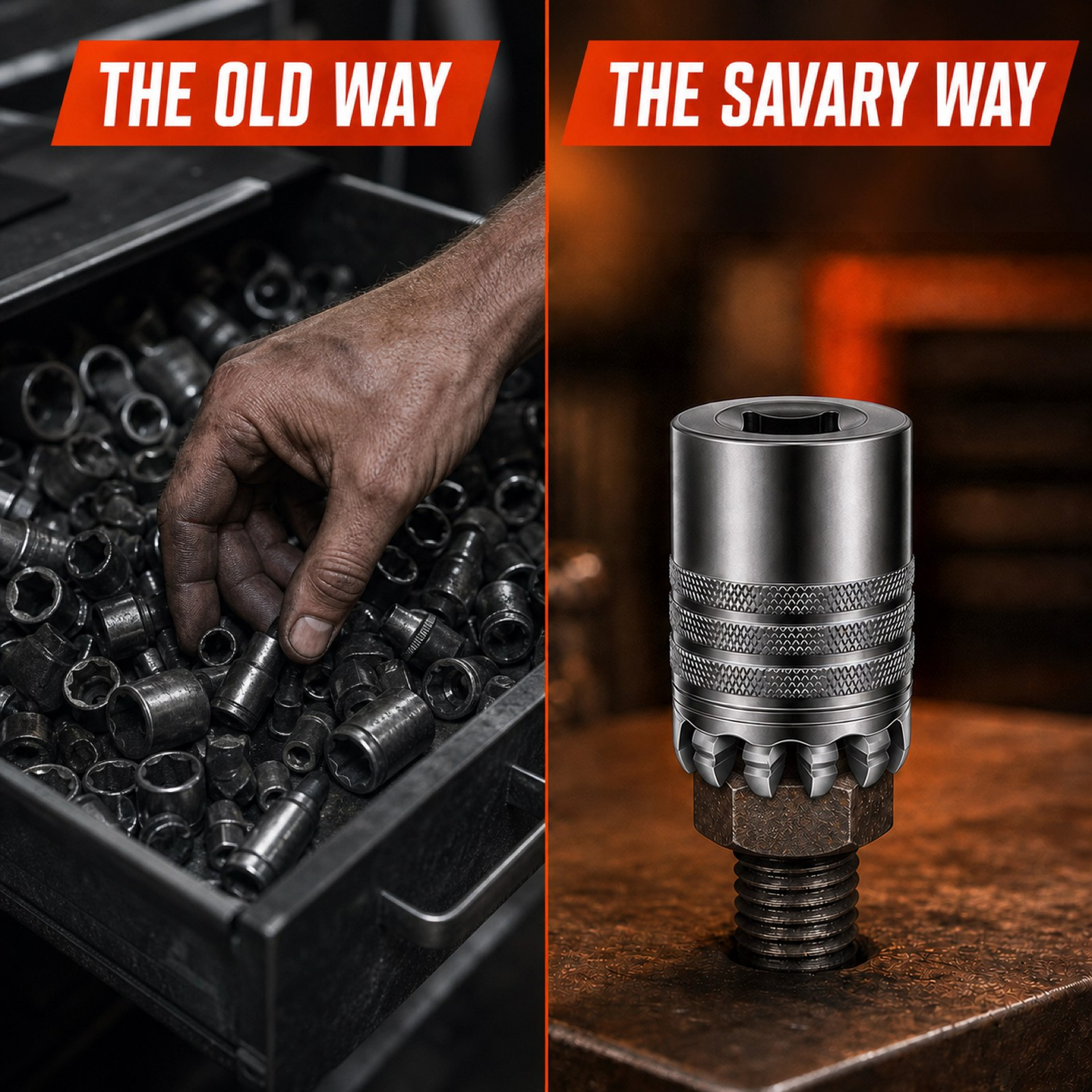The old way, a drawer of sockets, versus the Savary way, one universal socket gripping the nut