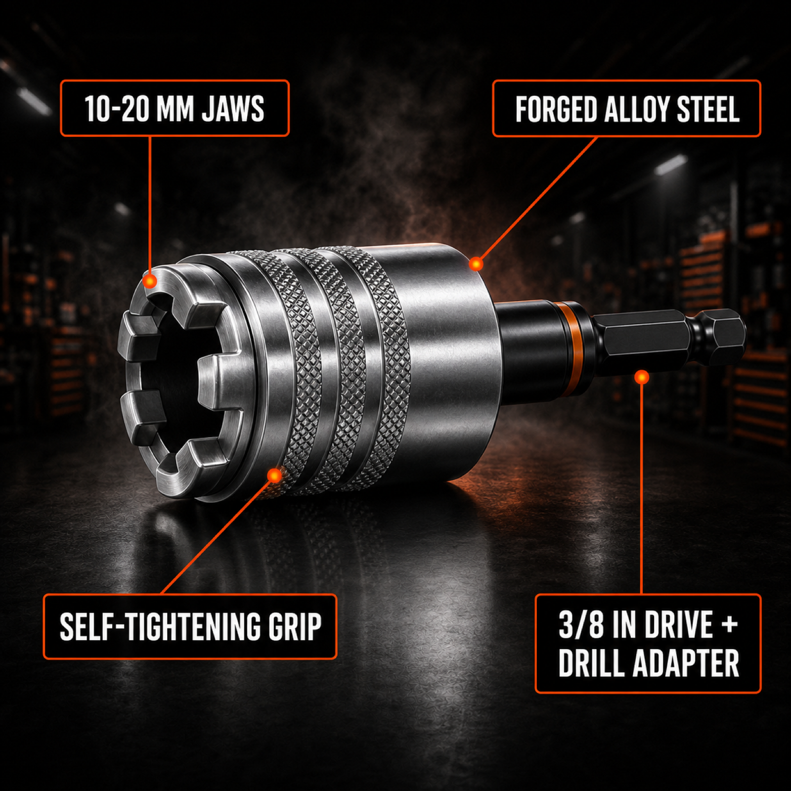 Universal socket callouts: 10-20 mm jaws, forged alloy steel, self-tightening grip, 3/8 in drive