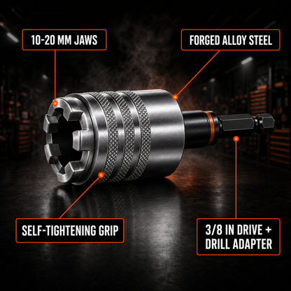 Universal socket callouts: 10-20 mm jaws, forged alloy steel, self-tightening grip, 3/8 in drive
