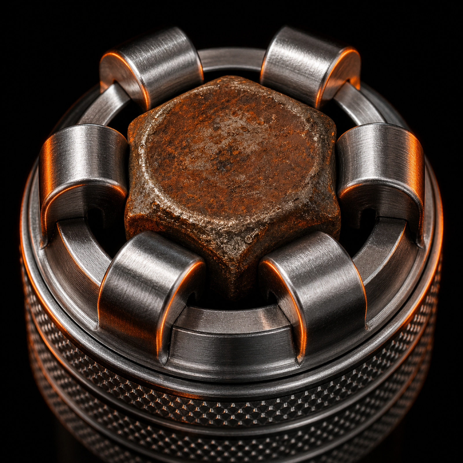 Macro of hardened claw jaws gripping a rounded nut