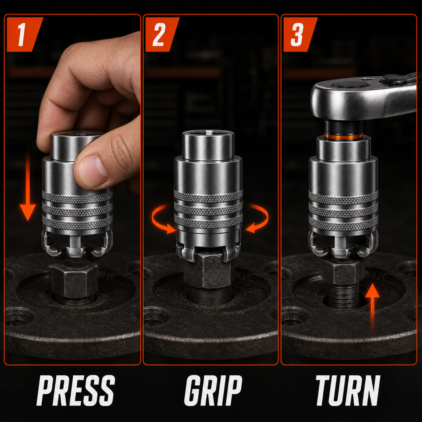 How it works: press, grip, turn