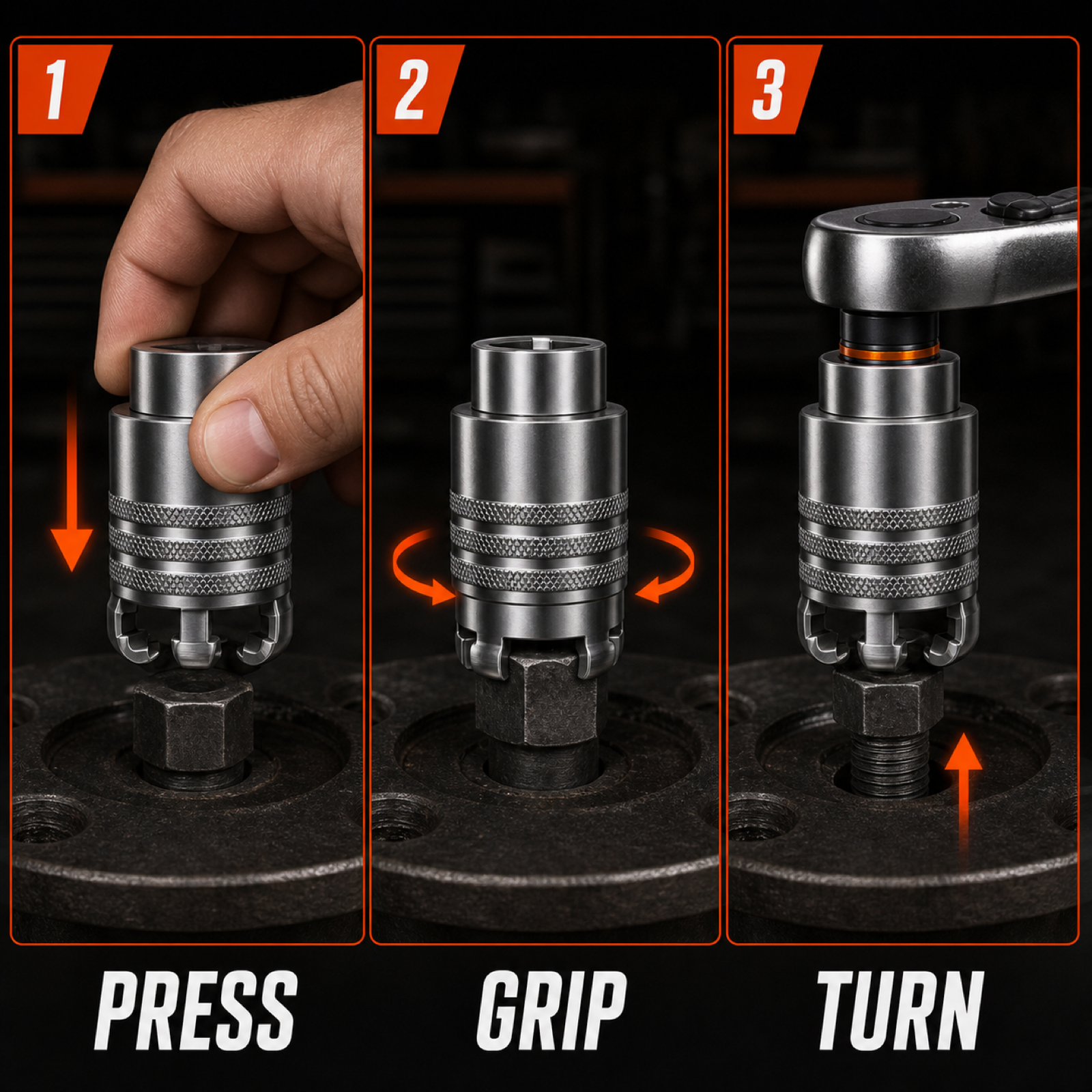 How it works: press, grip, turn