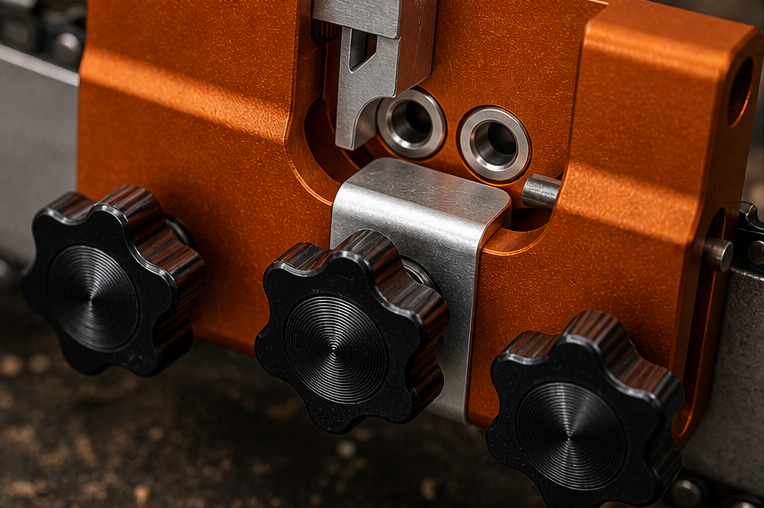 Macro photo of the Savary chainsaw sharpener black star knobs and silver guide block