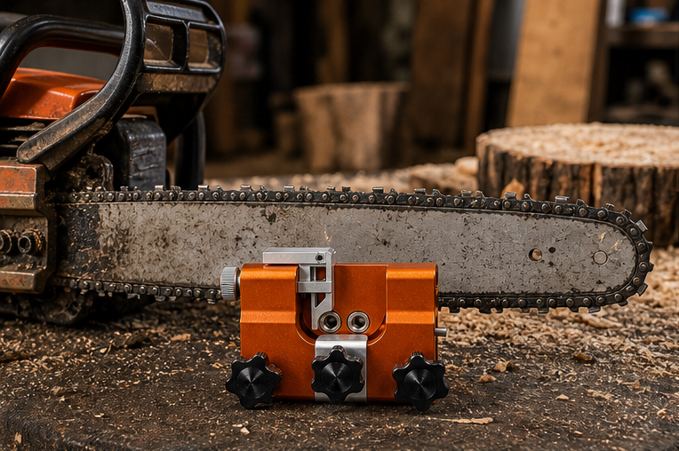 Savary chainsaw sharpener on a real workshop bench with chainsaw and sawdust